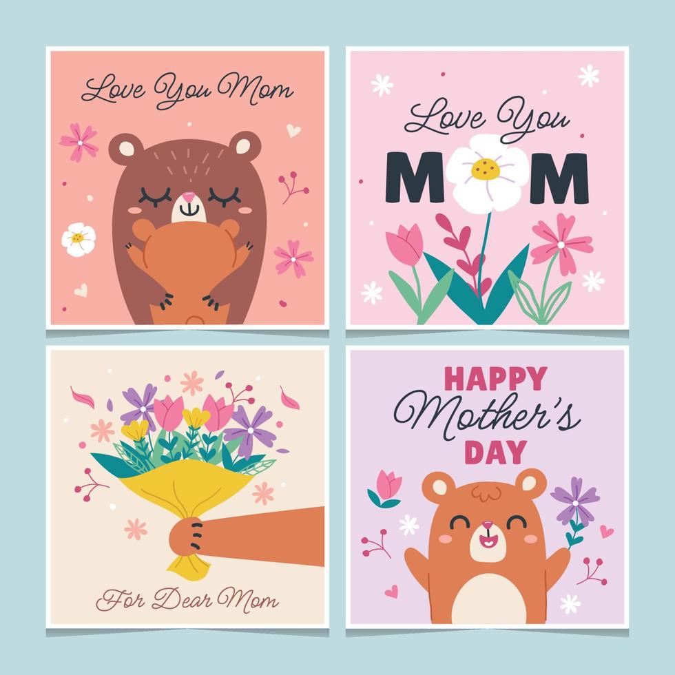 paquete de tarjetas de agradecimiento del día de la madre con personaje de  oso de dibujos animados 5357454 Vector en Vecteezy