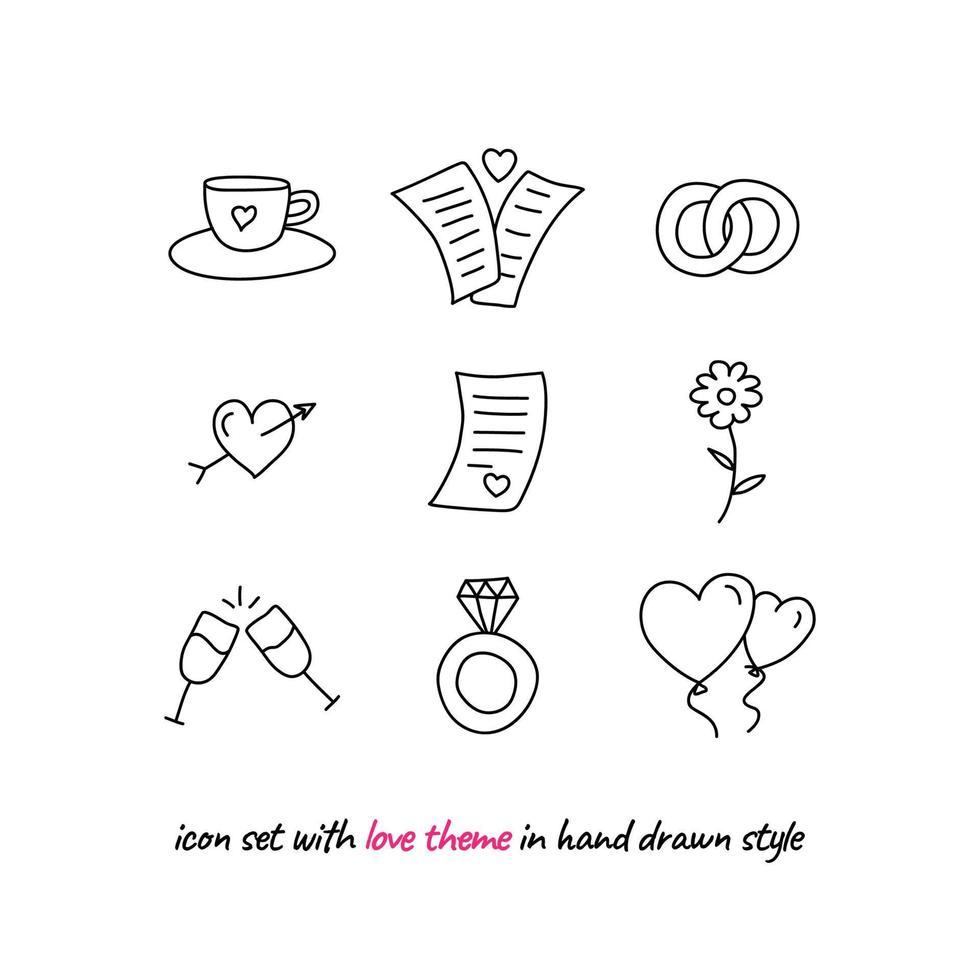icon set with love theme in hand drawn style vector