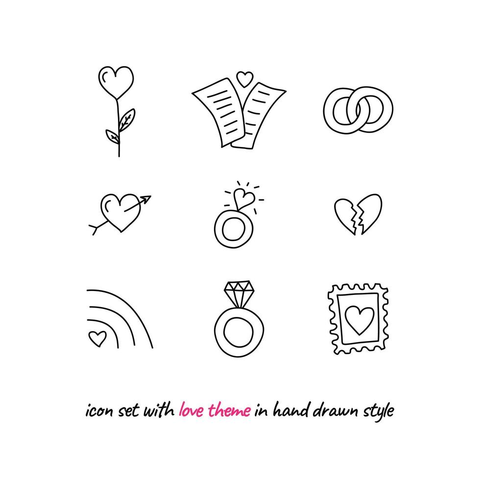 icon set with love theme in hand drawn style vector