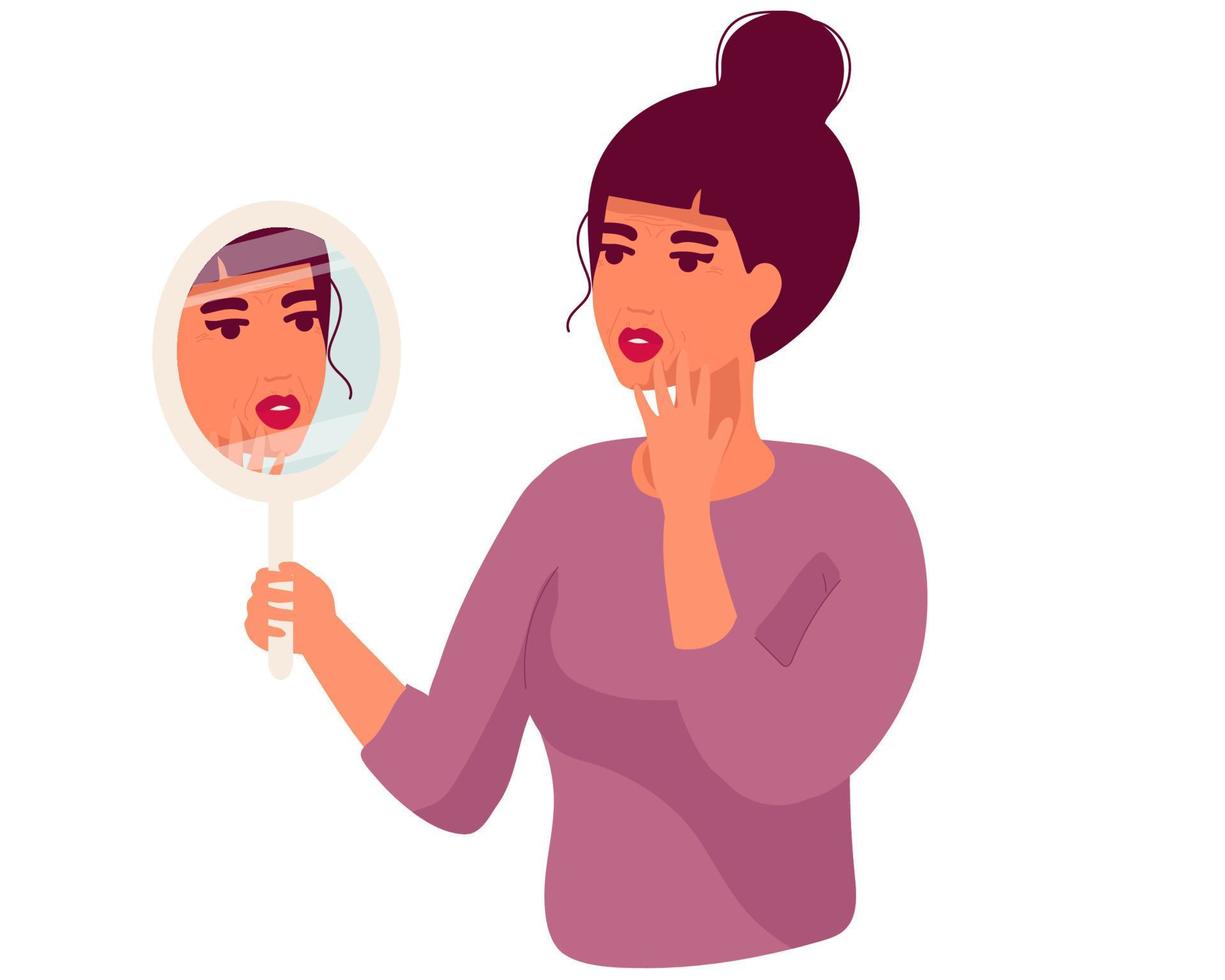 bad skin face of girl. troubled by bad condition. Beautiful Woman with Wrinkles on Face. Treatment of wrinkles. Face without Skin Problems. Clean Face Smile. flat cartoon style. Vector. vector