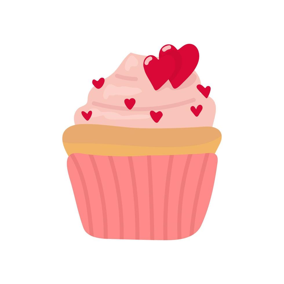 cupcake with a pink frosting in flat design, icon on the white background for your design. Vector illustration.