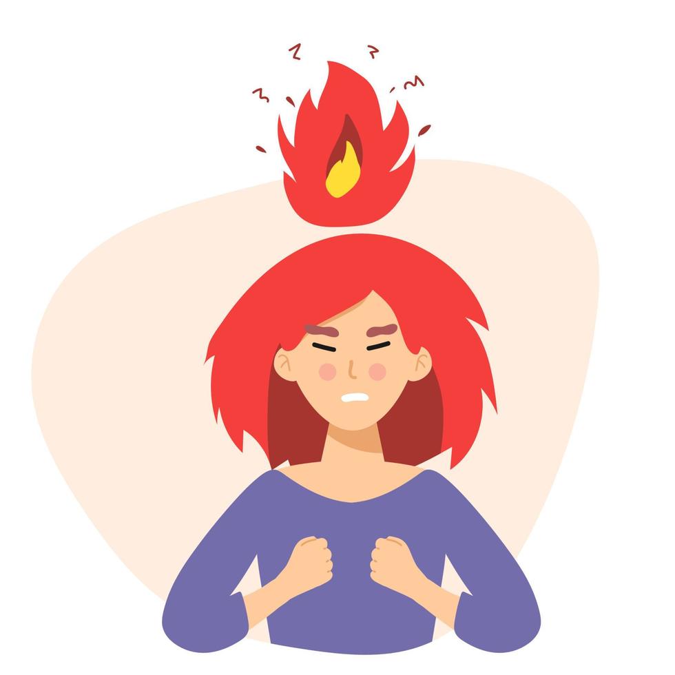 Angry woman. Head Vector illustration of anger, fury, annoyance. Anger, stressed Burnout, stress, emotional problem abstract concept. Burning brain. flame. flat character Depressed or mental illness.