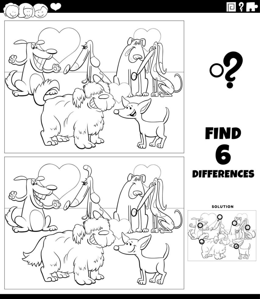 differences activity with dogs in love coloring book page vector