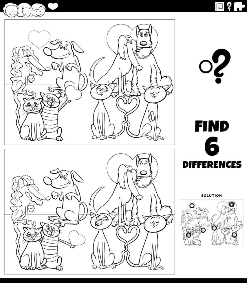 differences game with pets in love coloring book page vector