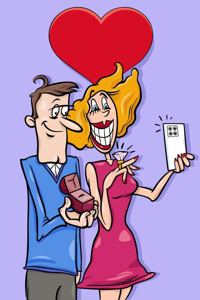 valentine card with cartoon engaged couple in love vector