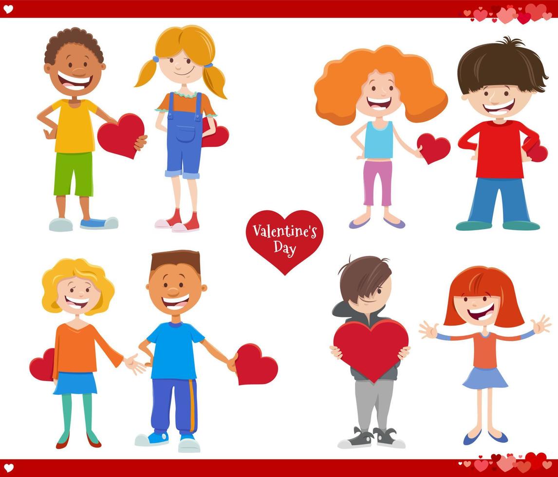 niñas y niños de dibujos animados con tarjetas en el día de san valentín vector