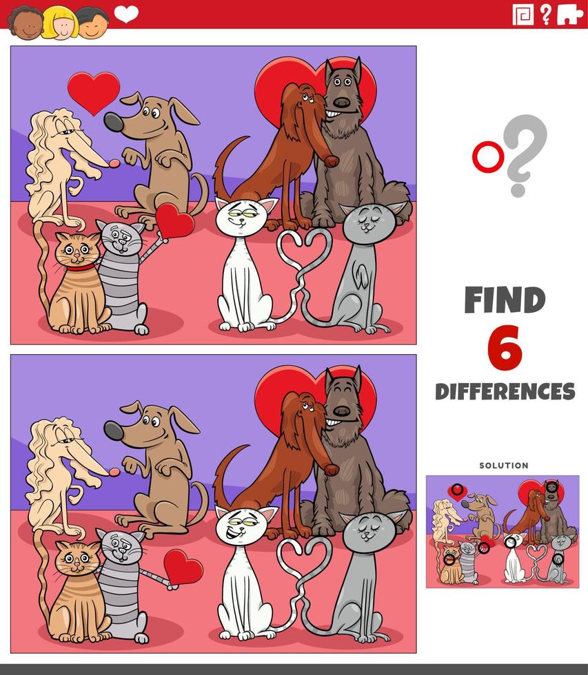 differences game with pets in love on Valentines Day vector