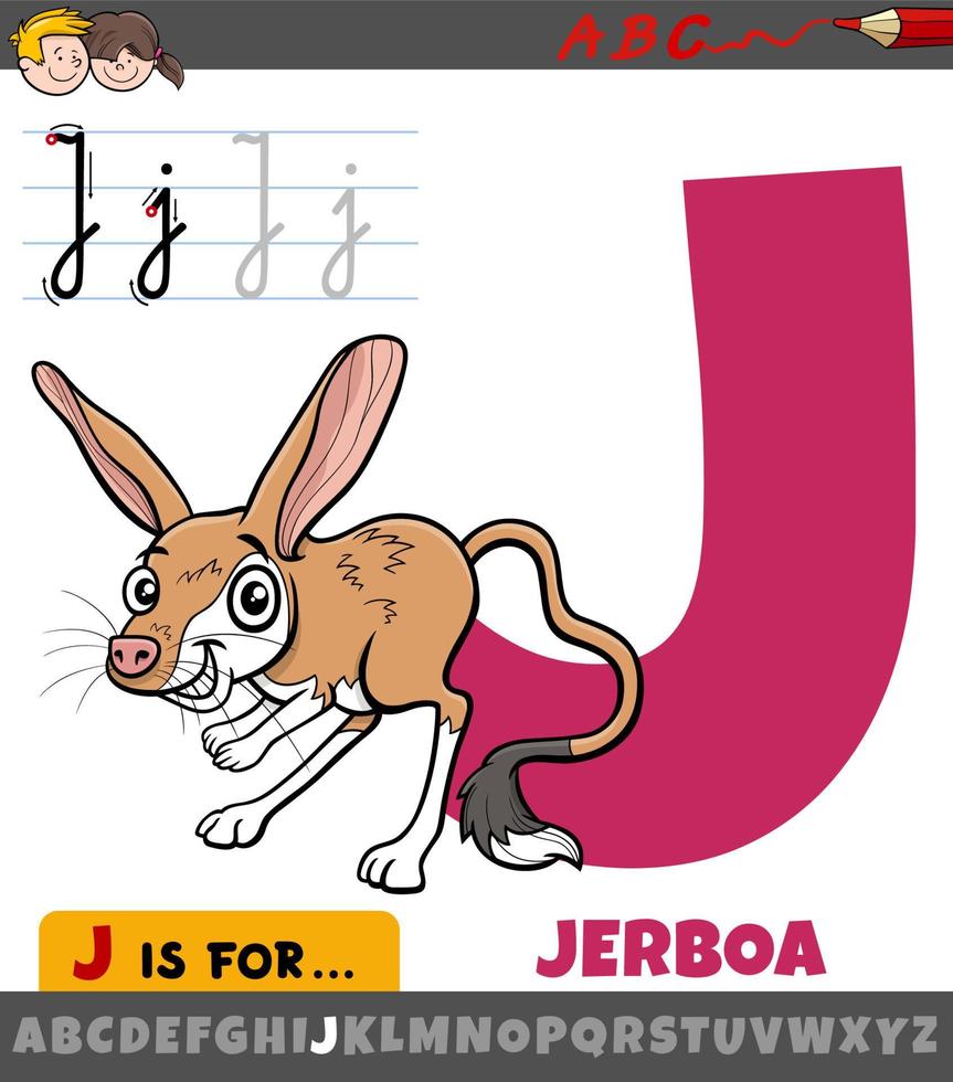 letra j del alfabeto con personaje de animal jerboa de dibujos animados vector