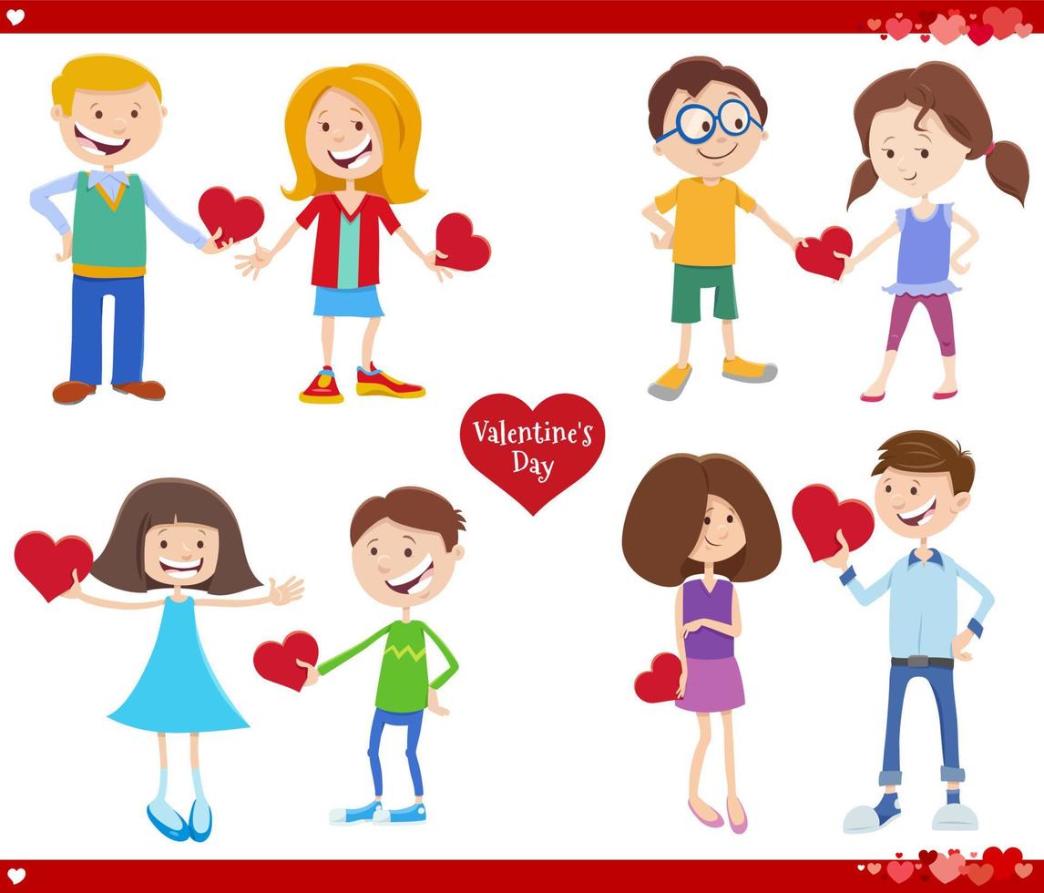 cartoon girls and boys in love with Valentines Day cards set vector