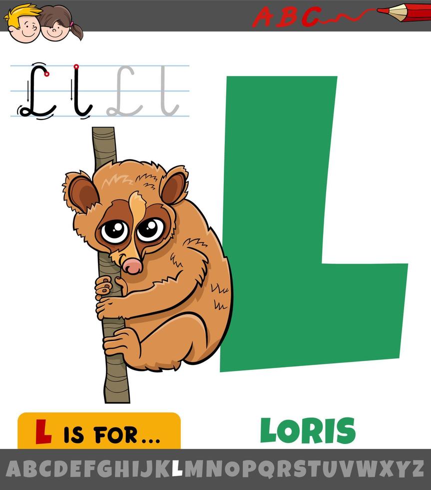 letra l del alfabeto con carácter animal de loris de dibujos animados vector