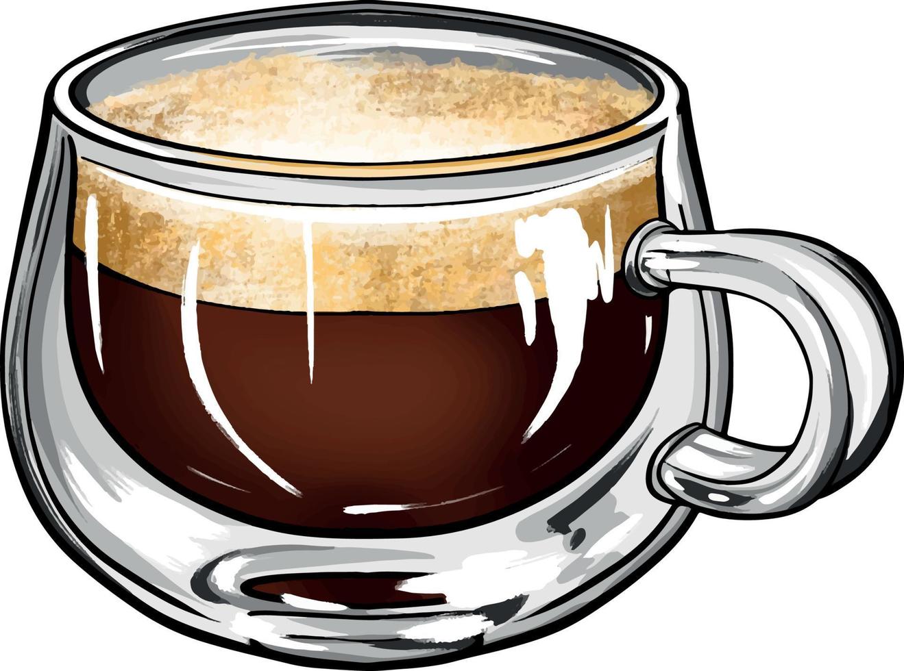 ilustración dibujada a mano de café raff en una taza de vidrio. dibujo vectorial de café en una hermosa taza. café con dibujo dibujado a mano de espuma para café vector