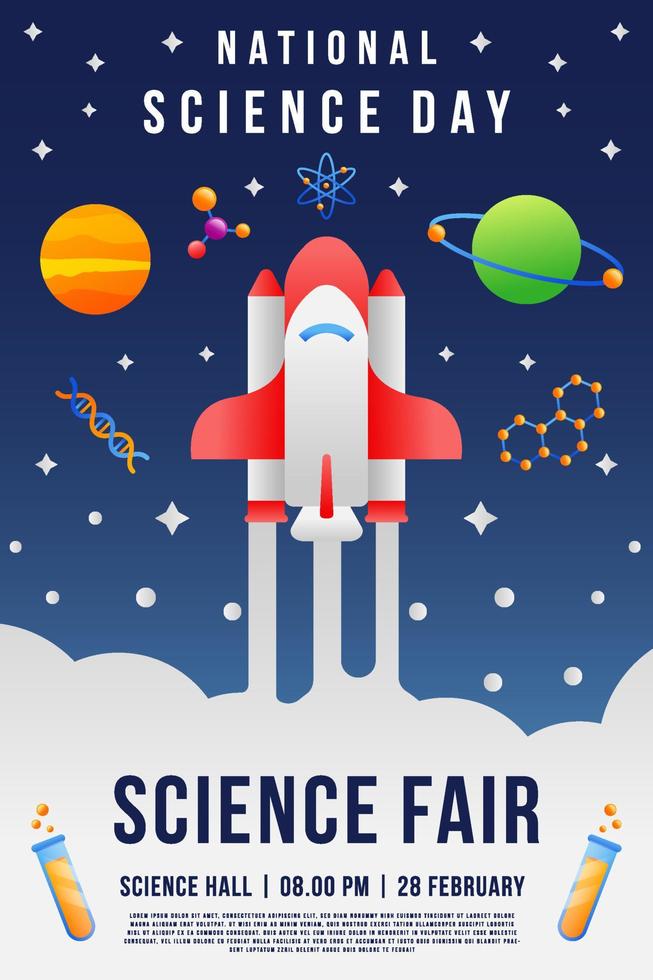 banner de cartel vertical del día nacional de la ciencia degradado para plantilla de feria de ciencias vector