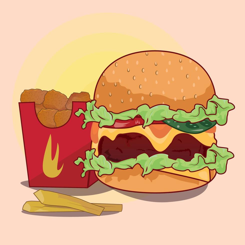 fast food burger with french fries and nuggets vector illustration