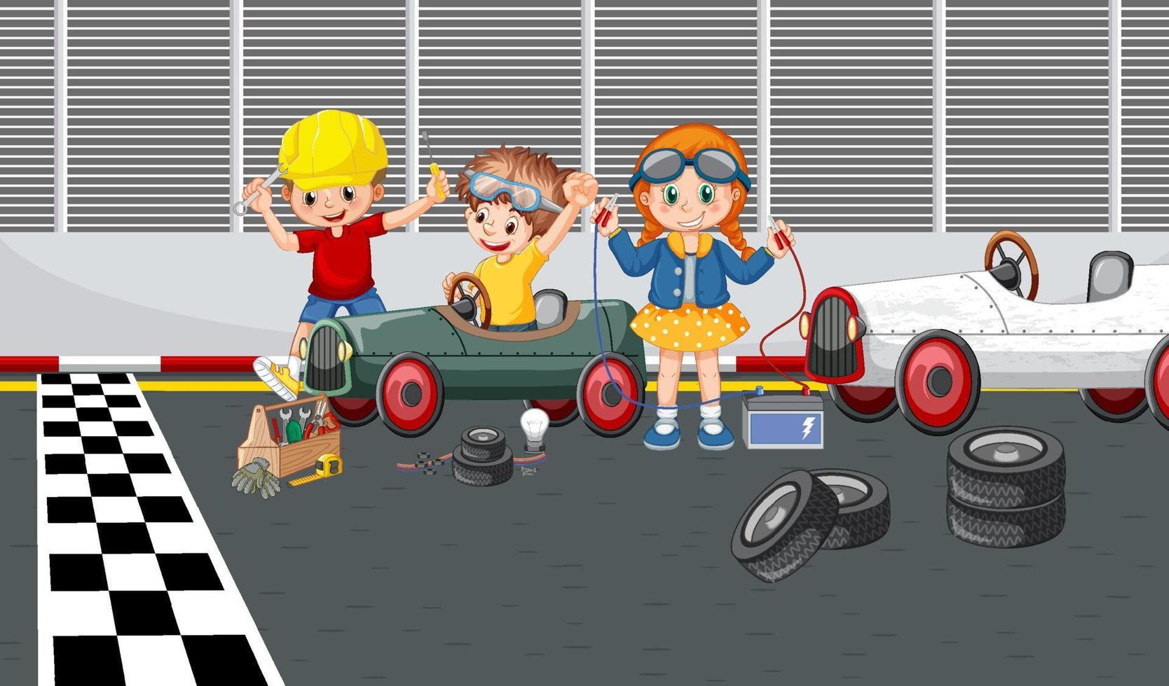 Escena de derby de jabonera con coche de carreras para niños. vector