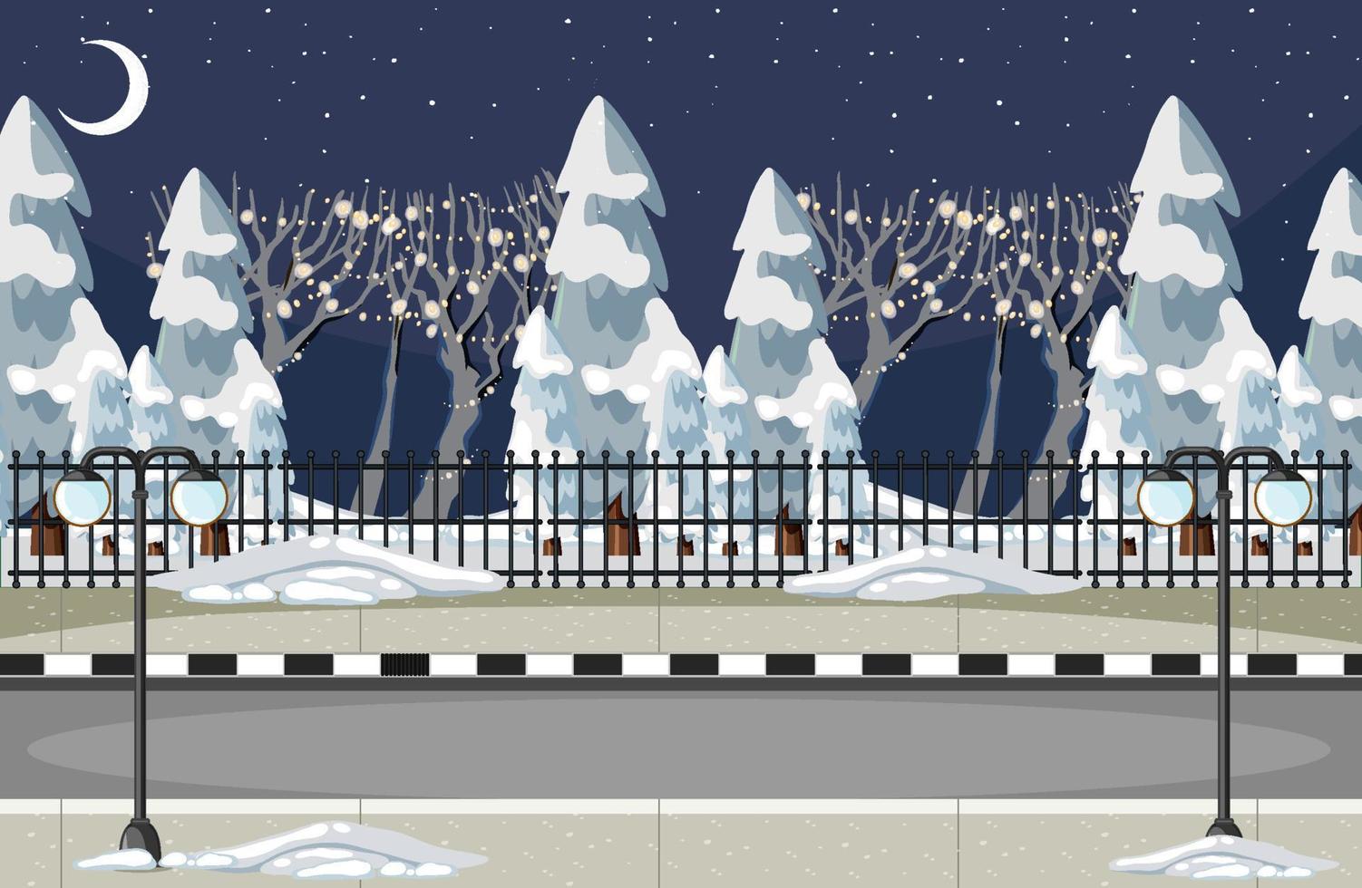 Snow covered pine trees and street in the city vector