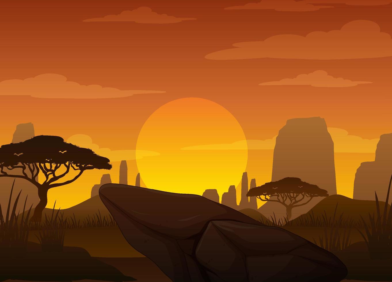 Silhouette savanna forest at sunset time vector