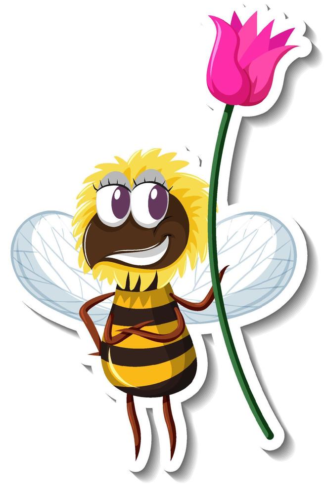 Funny bee holding a flower cartoon character sticker vector
