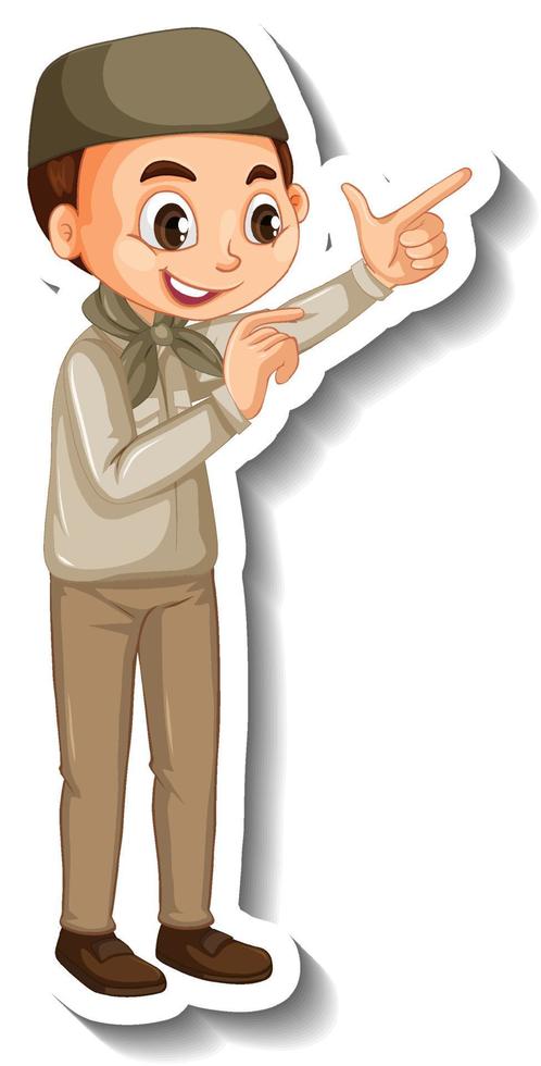 Muslim boy in safari outfit cartoon character sticker vector