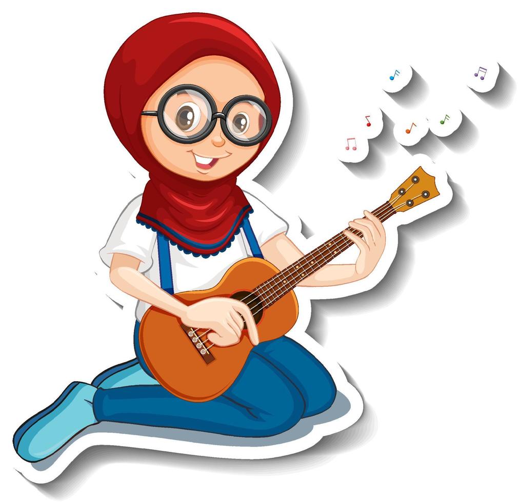 una niña tocando la guitarra pegatina de personaje de dibujos animados vector