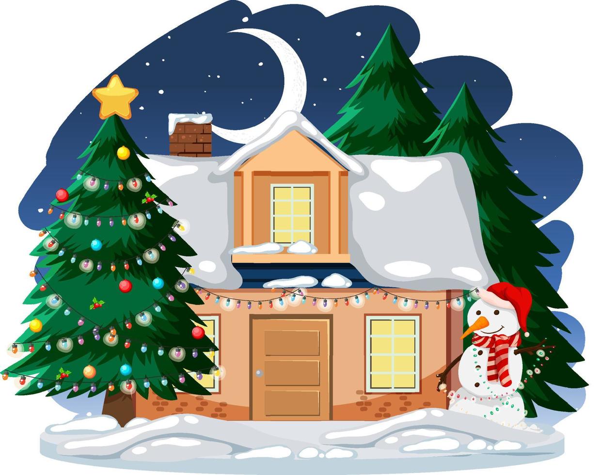 Christmas night with snow covered a house and decorated tree vector