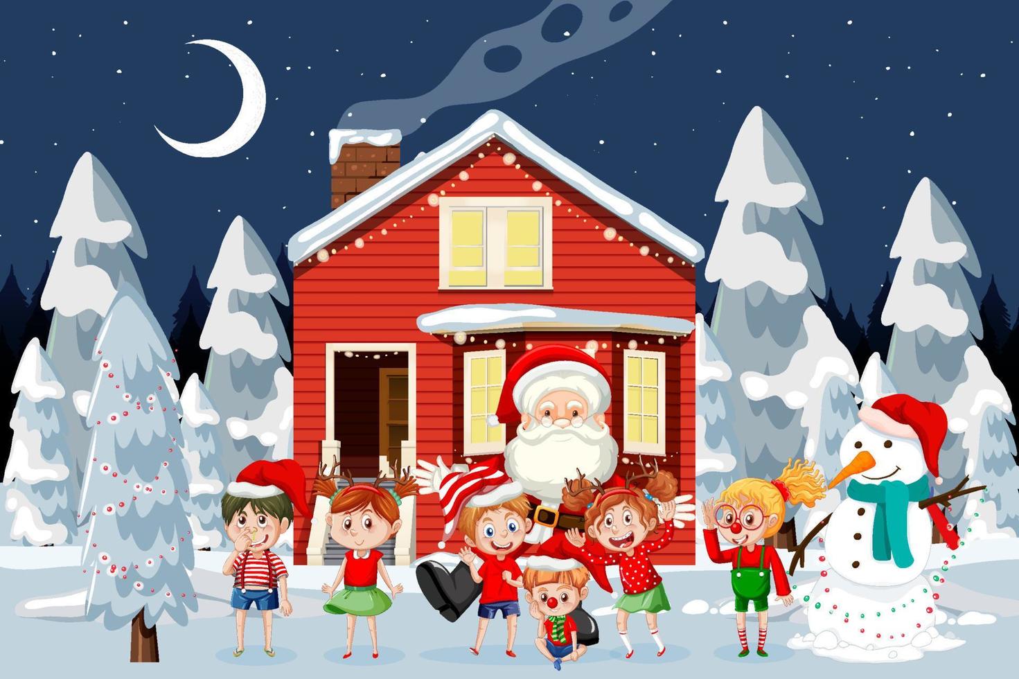 escena navideña de invierno con niños felices vector