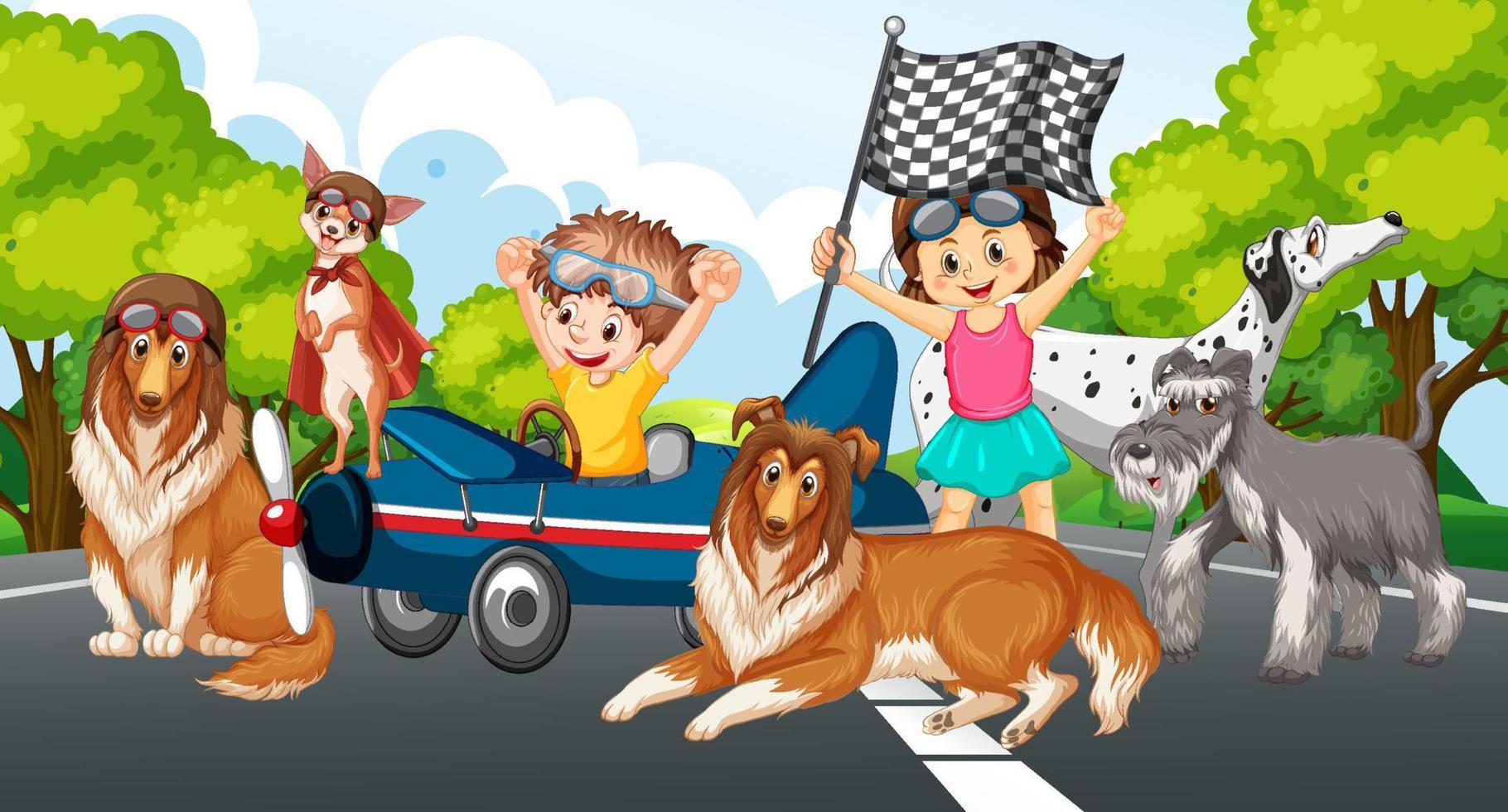 niños jugando con sus perros vector