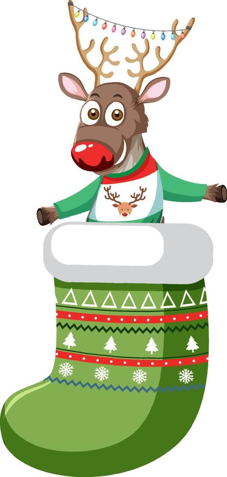 Cute reindeer in Christmas stocking in cartoon style vector