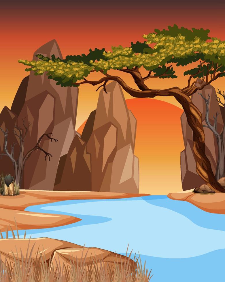 Forest landscape with river at sunset time vector