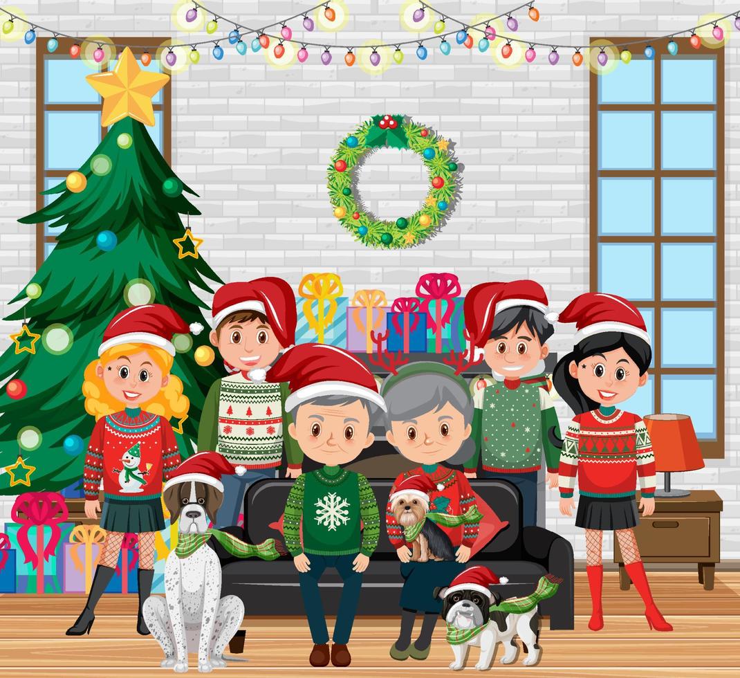 Happy family celebrating Christmas in a house vector