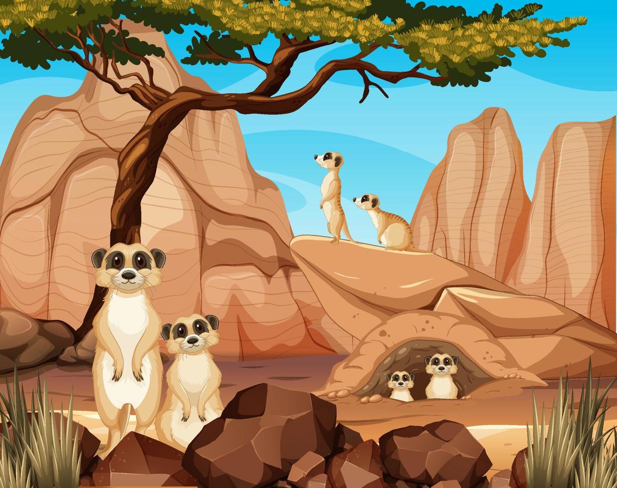 Desert forest background with meerkats vector