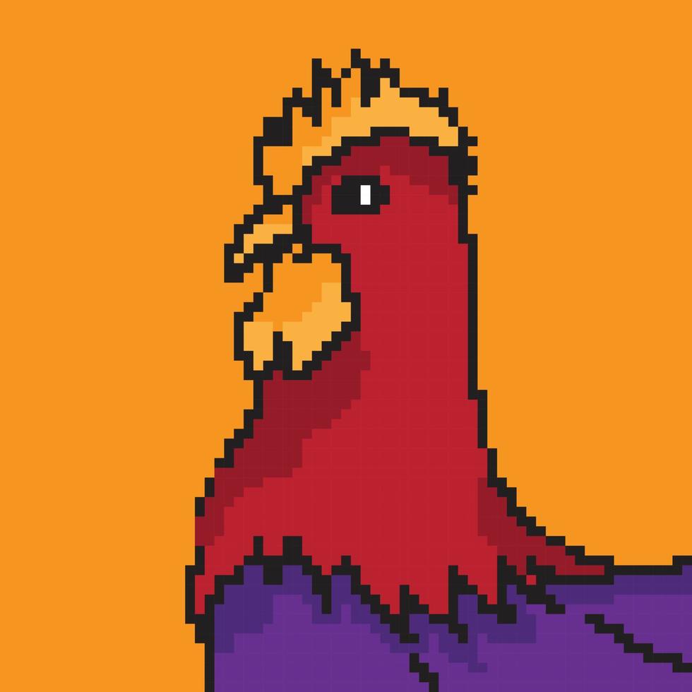 Arte de píxeles de 8 bits. pollo aislado sobre fondo blanco. icono de pájaro de granja. símbolo de gallo andante. emblema de gallo. personaje de aves de corral de juego retro. vector