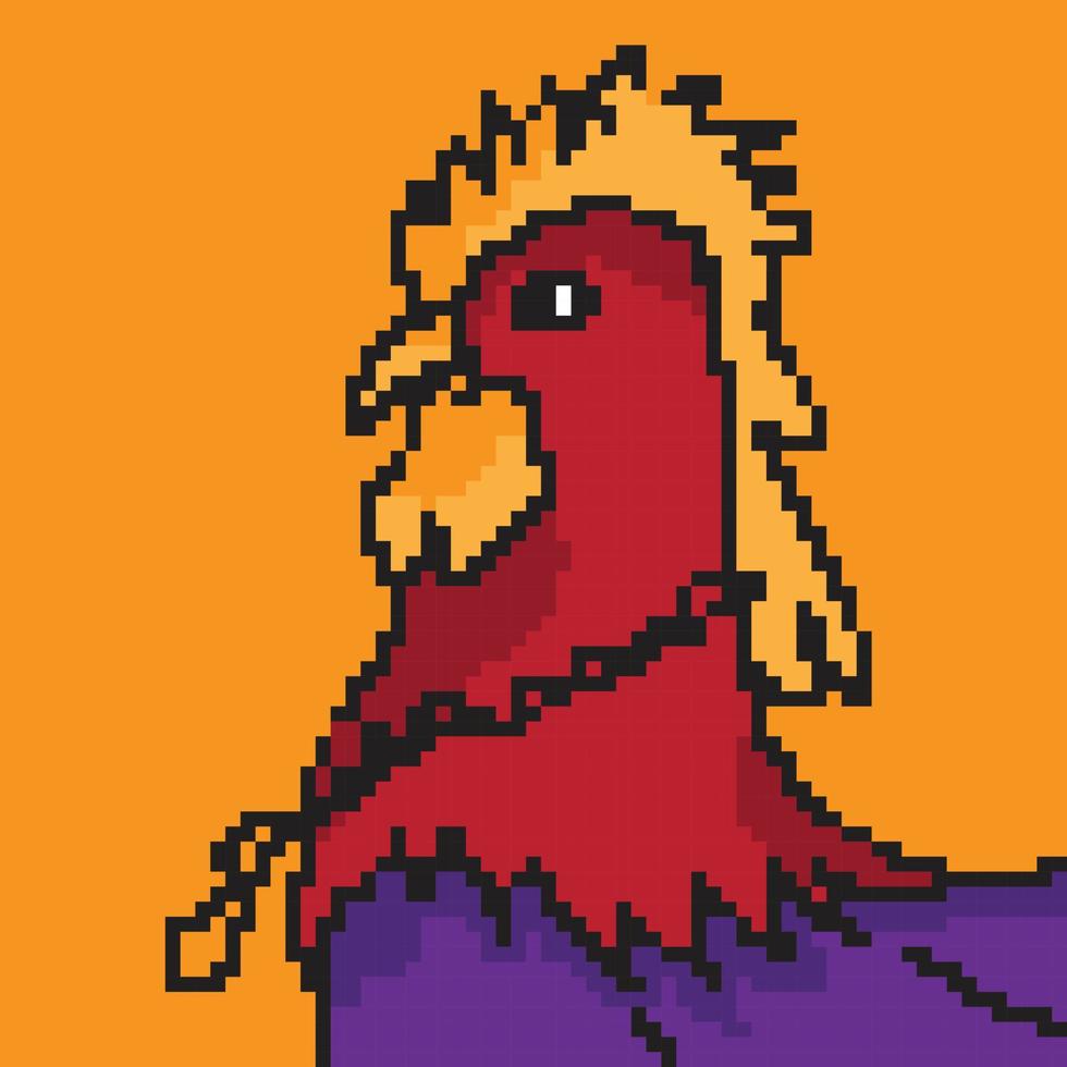 Arte de píxeles de 8 bits. pollo aislado sobre fondo blanco. icono de pájaro de granja. símbolo de gallo andante. emblema de gallo. personaje de aves de corral de juego retro. vector