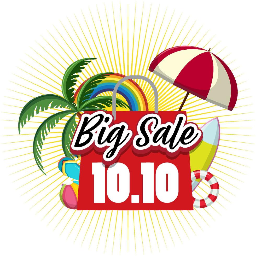 10.10 Big Sale banner with summer objects vector