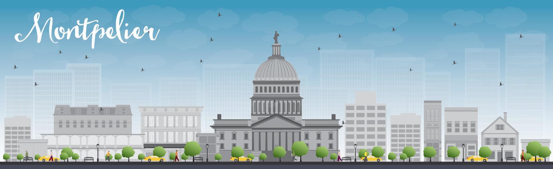 Montpelier Vermont city skyline with grey buildings and blue sky. vector