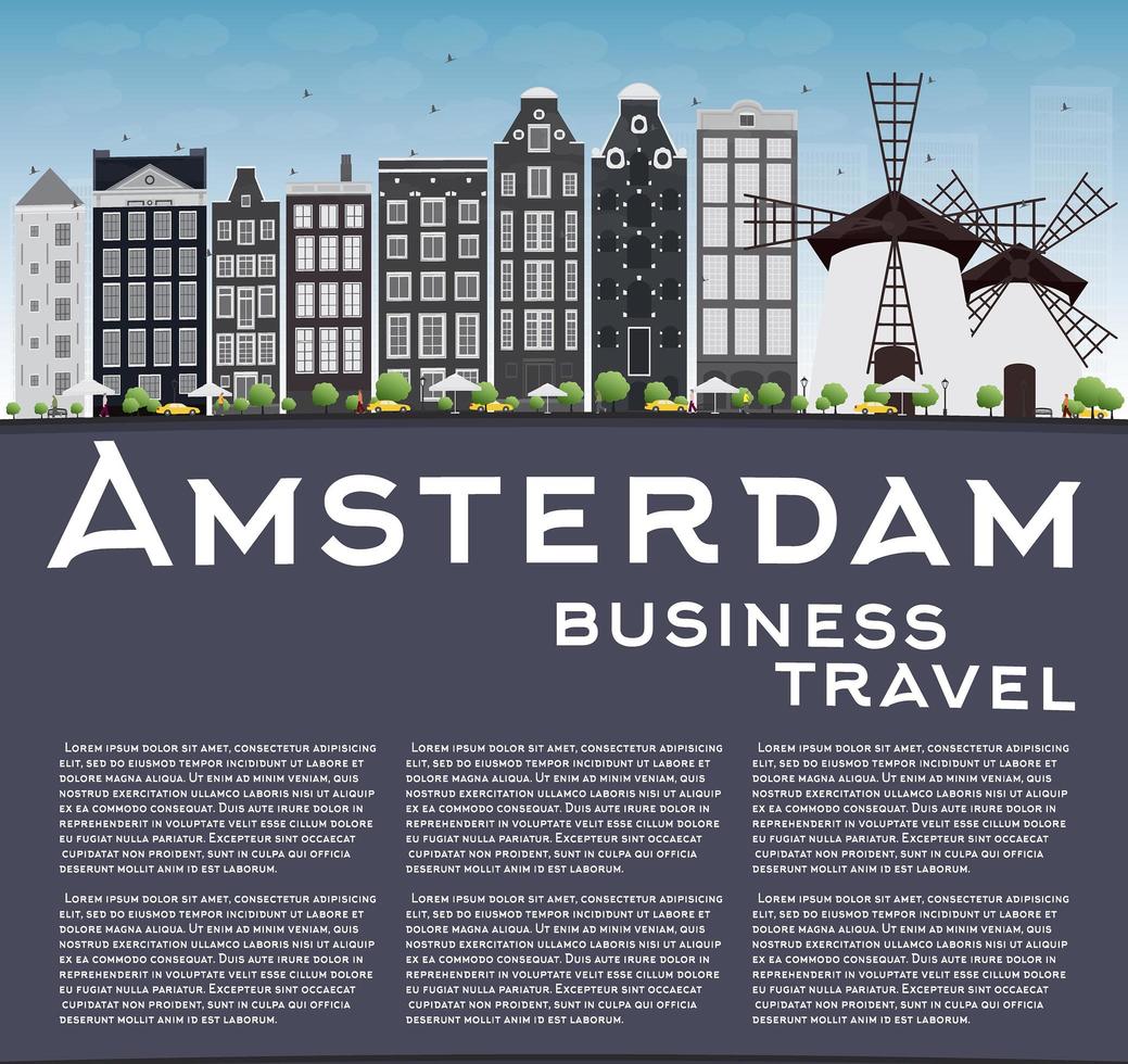 Amsterdam city skyline with grey buildings, blue sky and copy space. vector