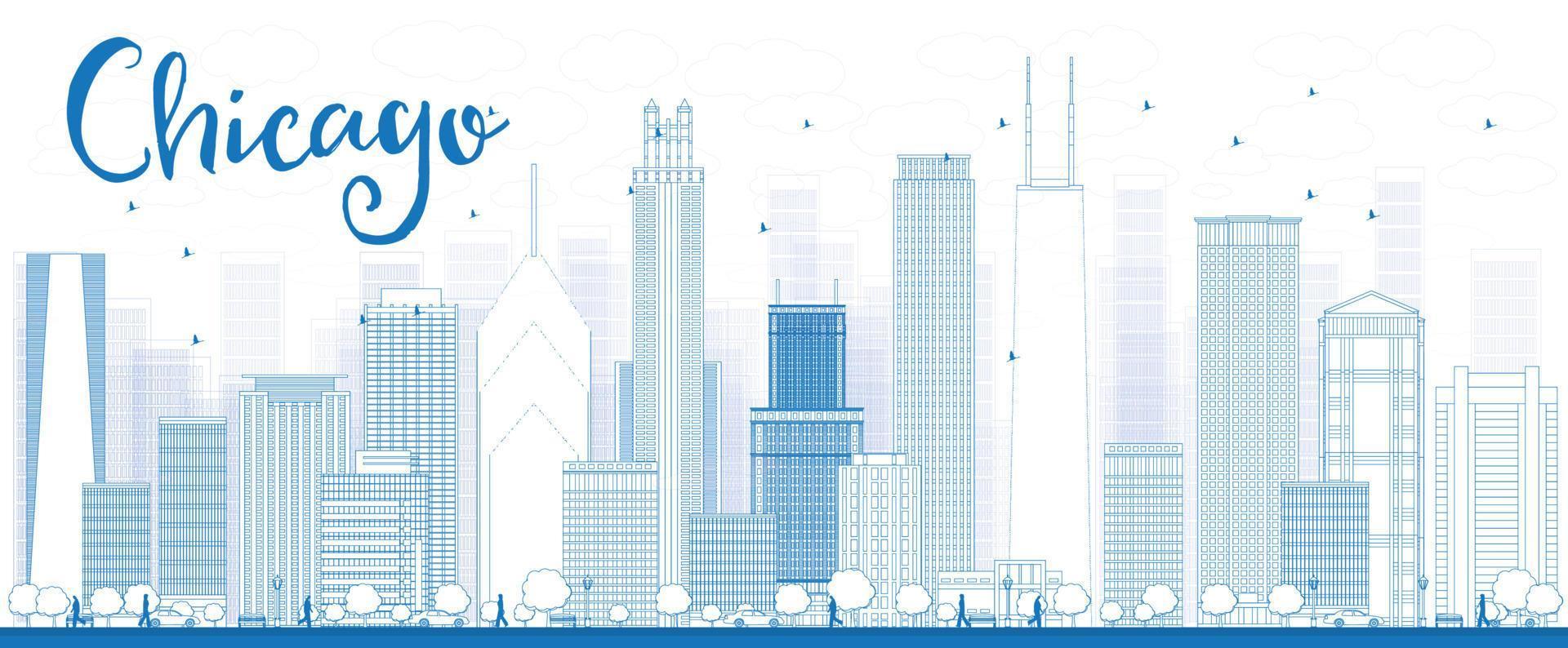 Outline Chicago city skyline with blue skyscrapers. vector