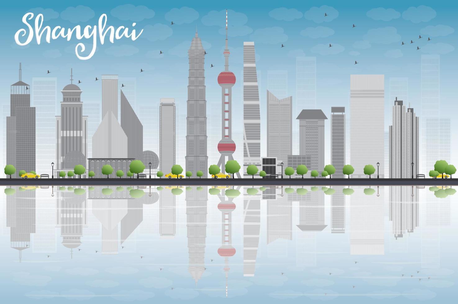 Shanghai skyline with blue sky and grey skyscrapers. vector