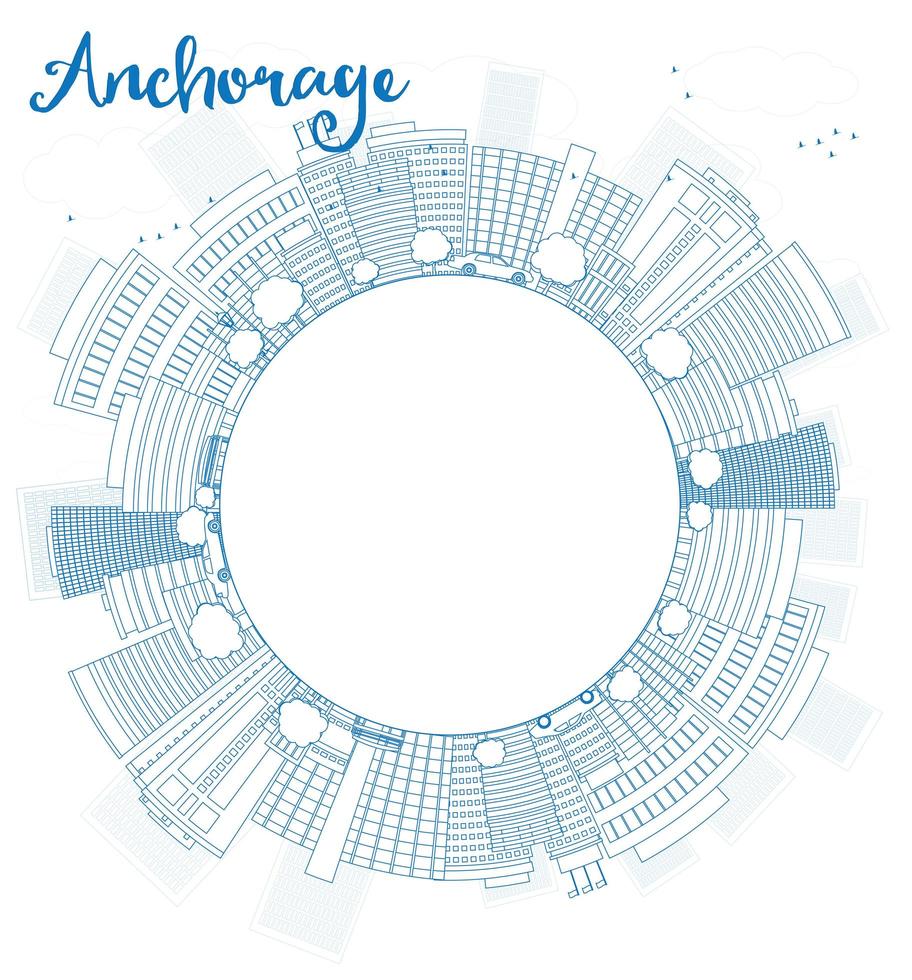 esbozar el horizonte de Anchorage Alaska con edificios azules y espacio de copia. vector