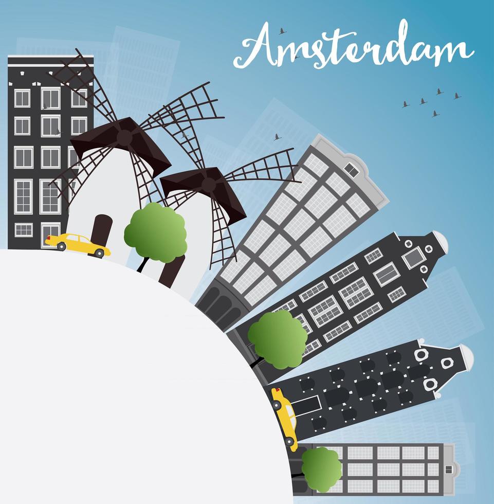 Amsterdam city skyline with grey buildings, blue sky and copy space. vector