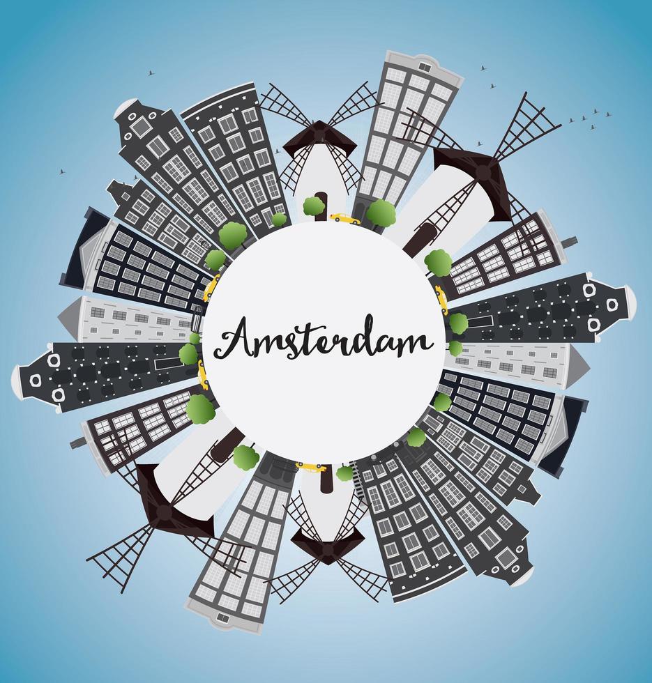 Amsterdam city skyline with grey buildings, blue sky and copy space. vector