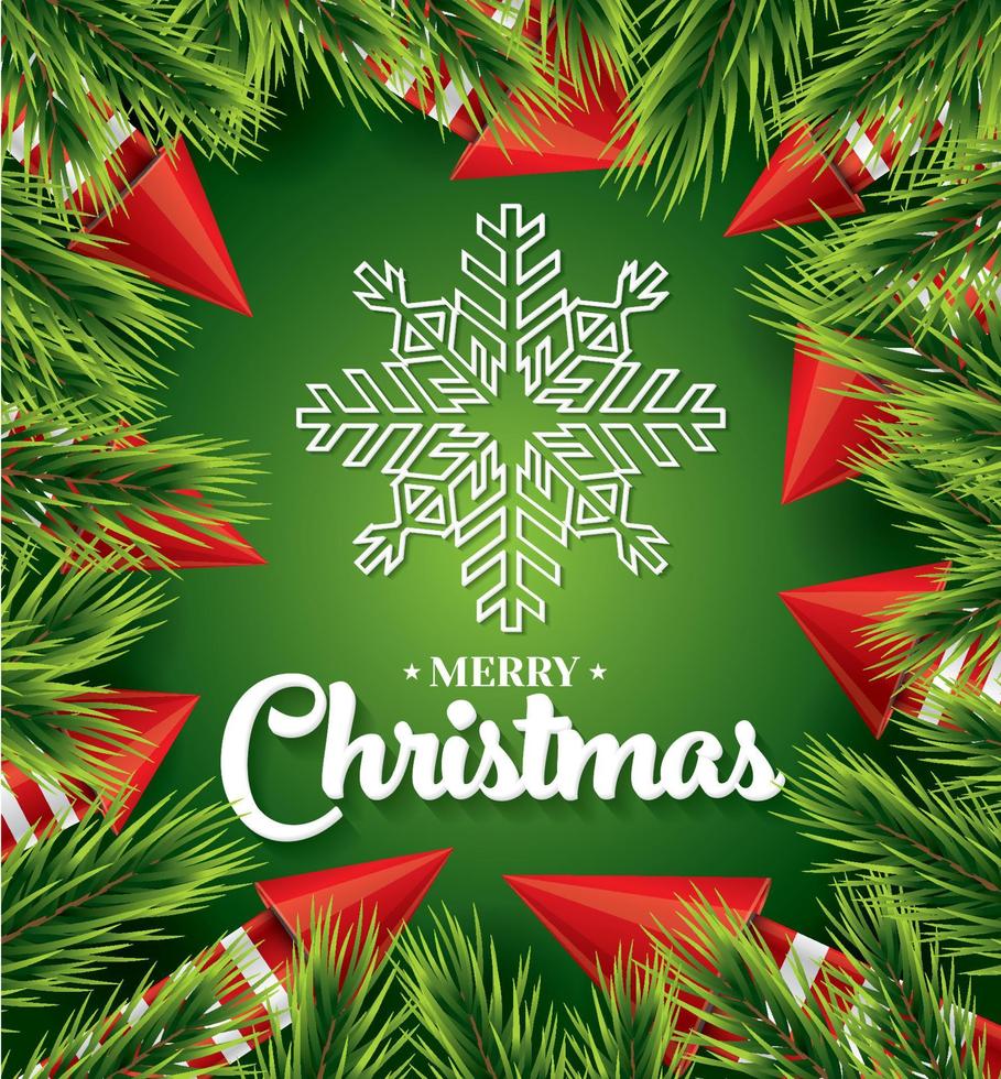 Christmas card with white snowflake on green background. vector