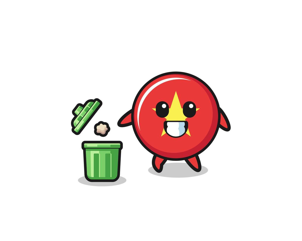 illustration of the vietnam flag throwing garbage in the trash can vector