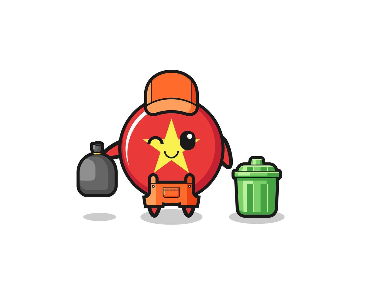 the mascot of cute vietnam flag as garbage collector vector