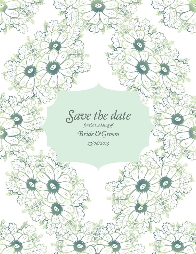 Save the date wedding invite card template with green flowers vector illustration