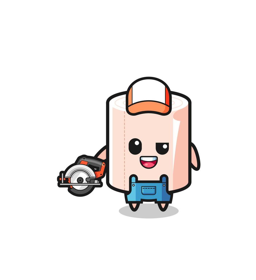the woodworker tissue roll mascot holding a circular saw vector