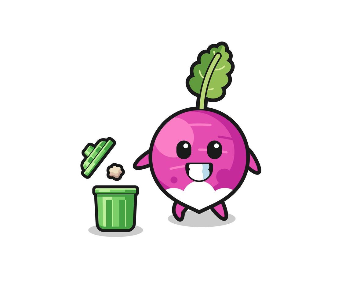 illustration of the turnip throwing garbage in the trash can vector