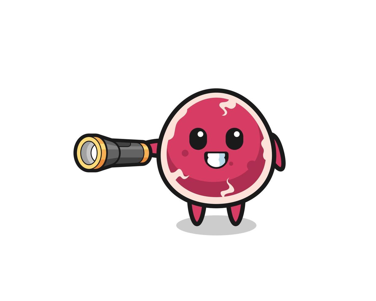 beef mascot holding flashlight vector