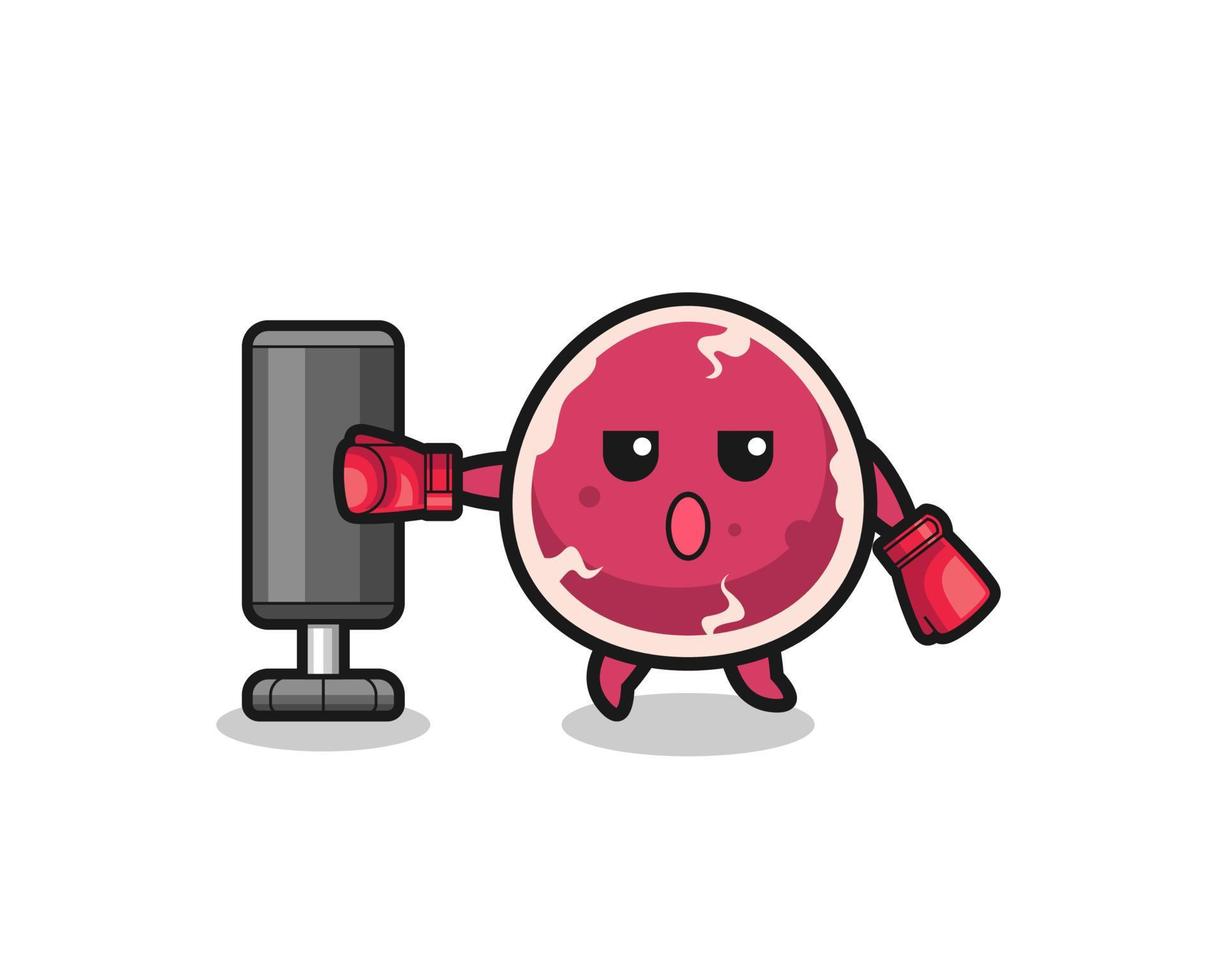 beef boxer cartoon doing training with punching bag vector