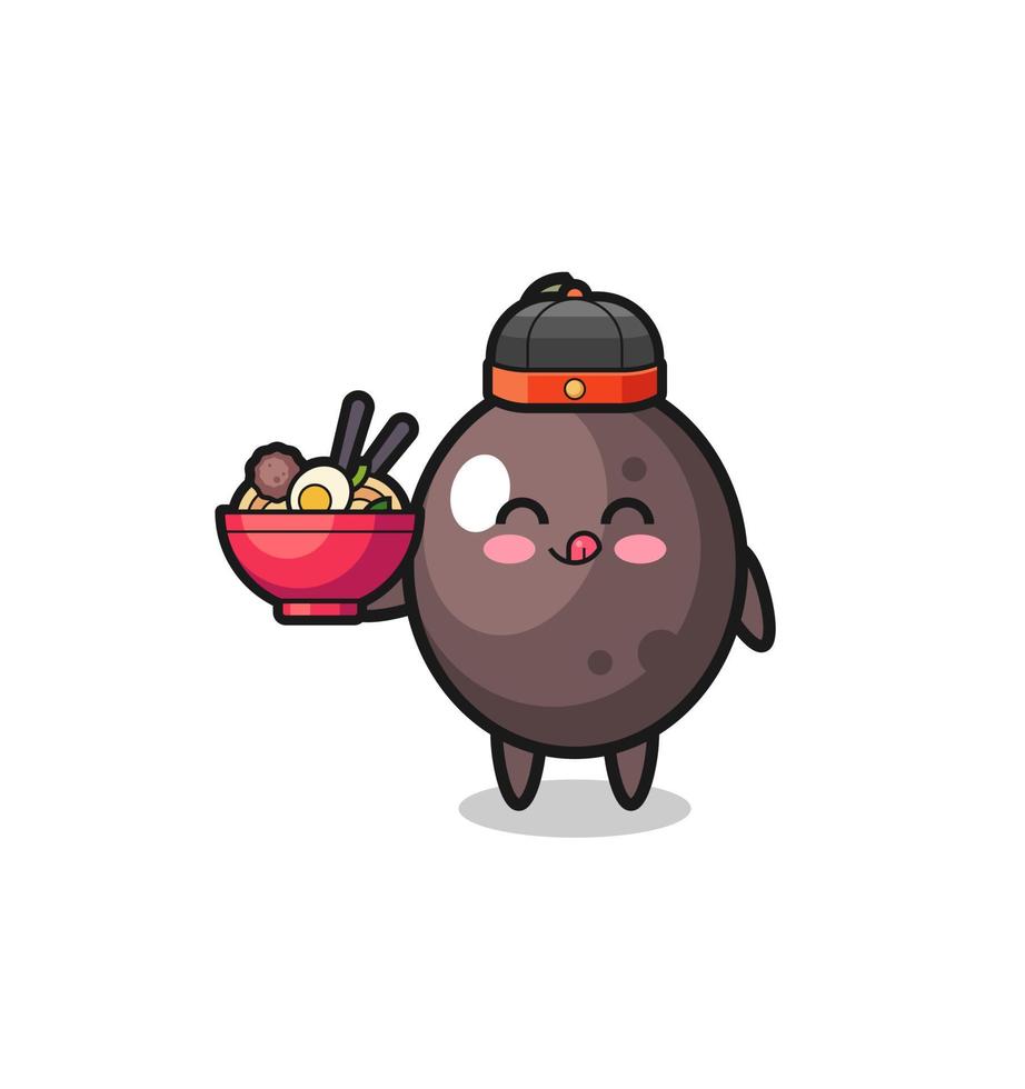 black olive as Chinese chef mascot holding a noodle bowl vector