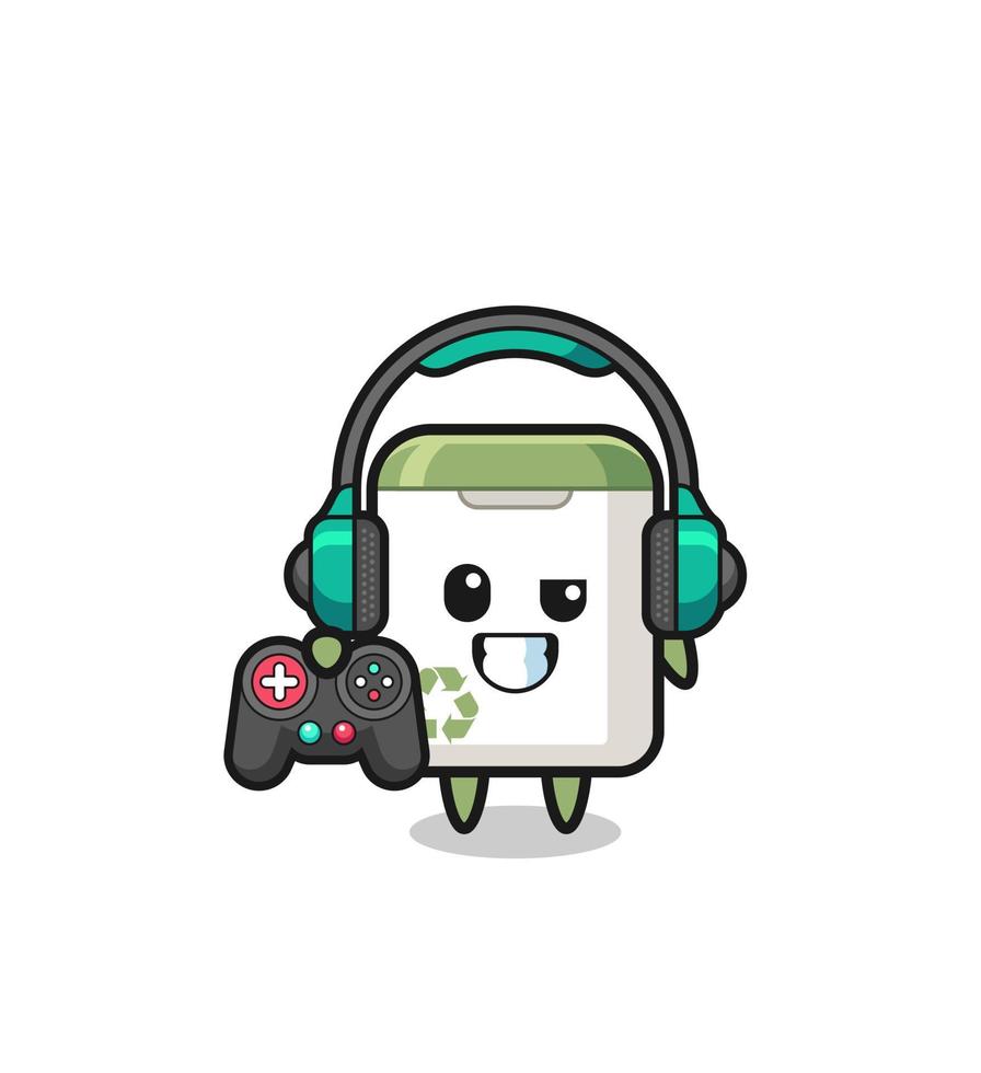 trash can gamer mascot holding a game controller vector